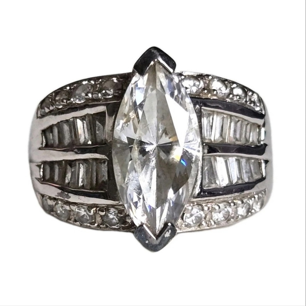 VTG Marquise Baguette Round Set Cubic Zirconia Sterling Silver Ring